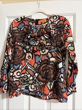 Roberta Freymann Colorful Floral Ruffle Long Sleeve Blouse Size Small